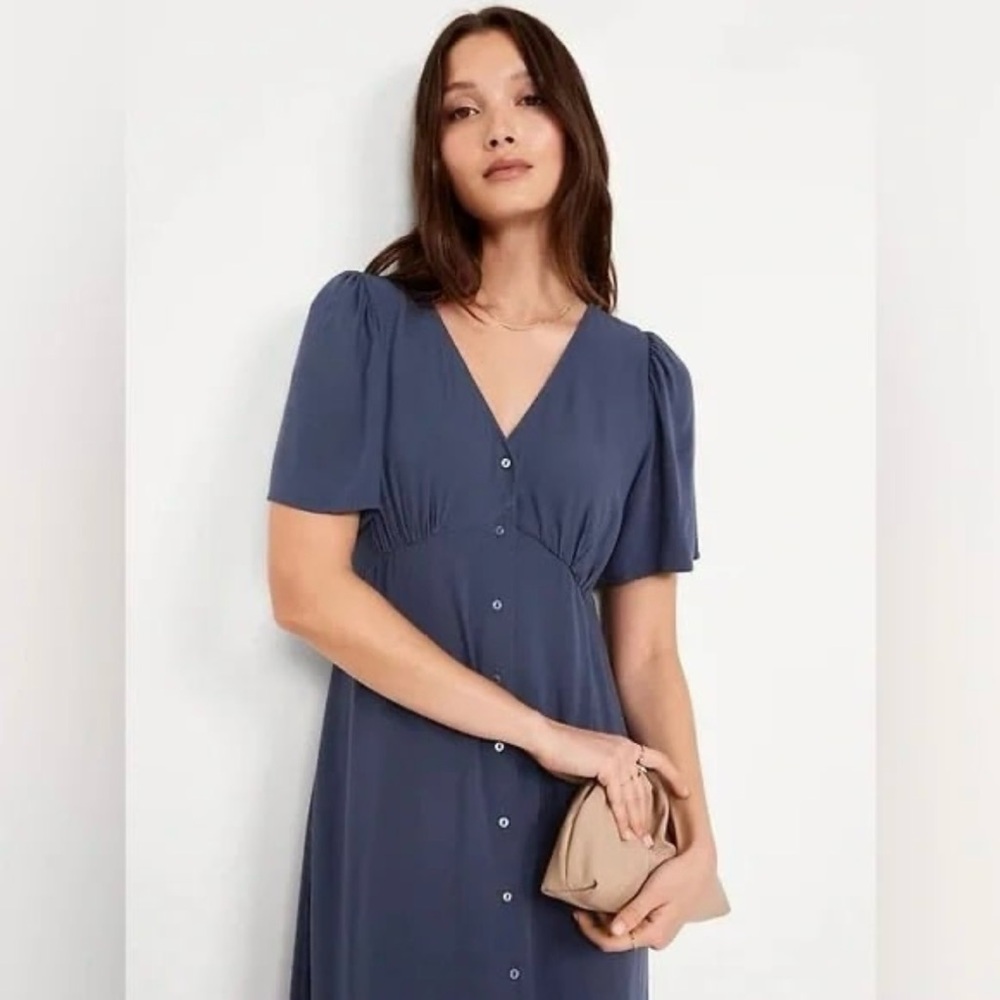 Old Navy Waist-Defined Button Front Midi Dress in Navy Blue